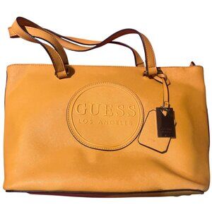 Guess Los Angeles Yellow Faux Leather Shoulder Bag With Logo Embossing & Charm